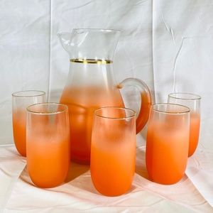 HP 🌸 RARE Vintage Blendo Orange Glass Pitcher and 5 Tumblers Set Orange Frosted